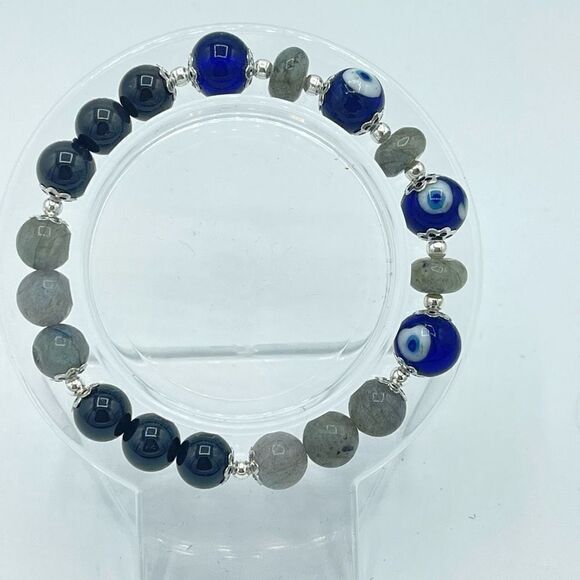 Crystal beaded stretch bracelet ONE NEW evil eye silver obsidian labradorite rei - Picture 8 of 12